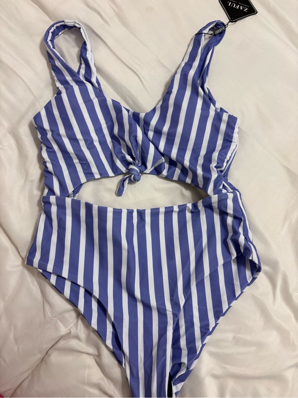 Zaful Blue and White Striped One-Piece Swimsuit with Front Knot Cutout
